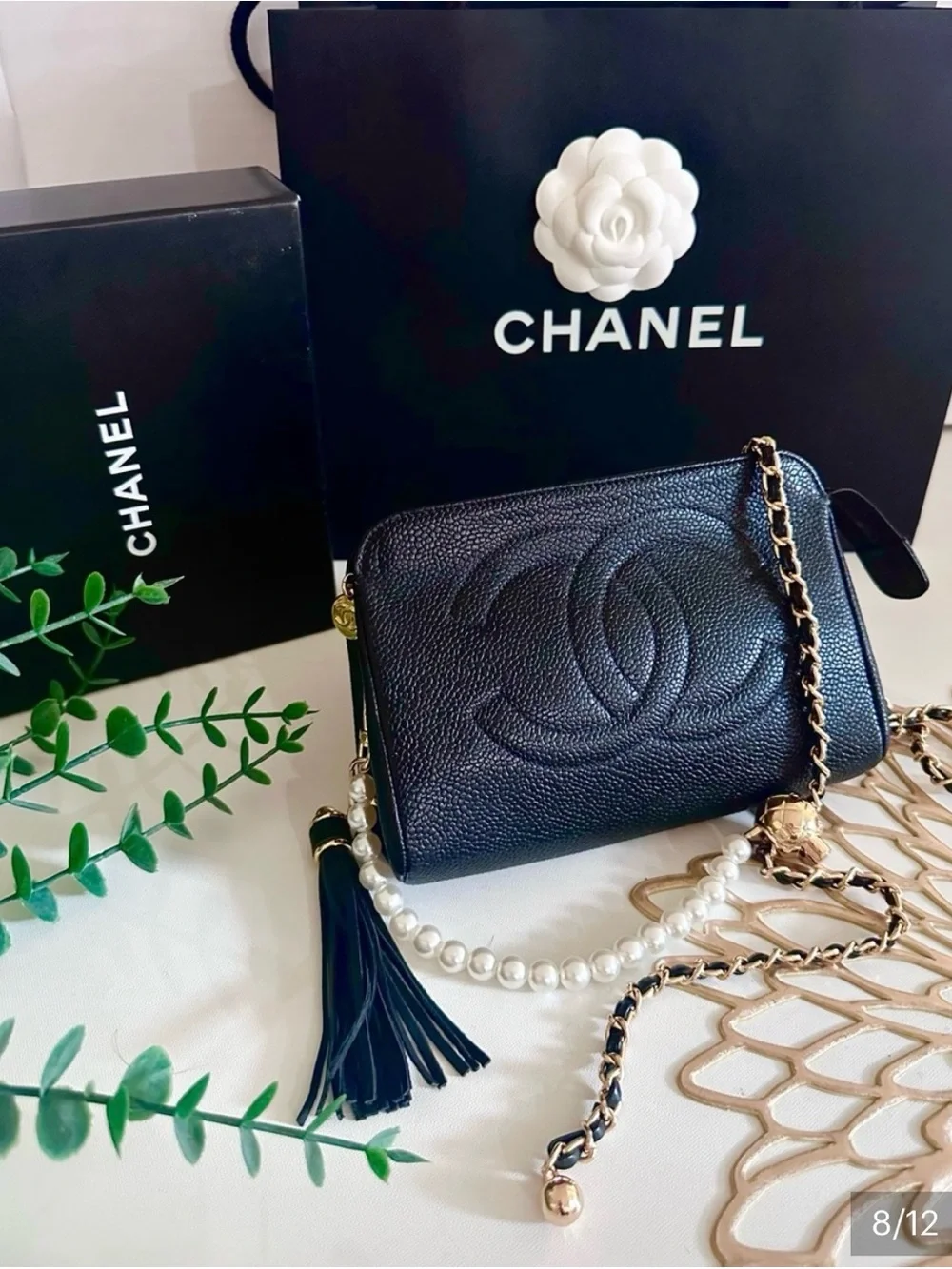 CHANEL Black Caviar Quilted CC Crossbody with Pearl Accent Chanel box bag roset